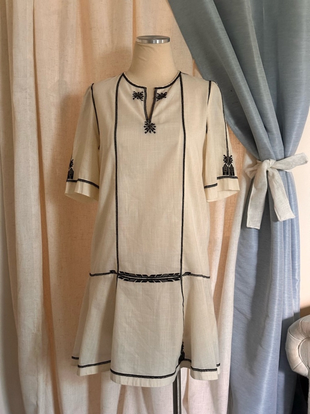 Isabel Marant Etoile Relly Cream Embroidered Drop-Waist Tunic Dress W/Black Trim